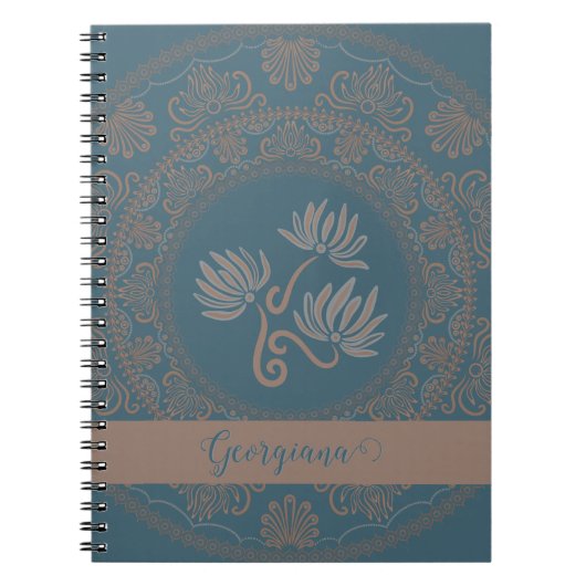 Gepersonaliseerde Gouden Blauwgroen Rococo Lotus D Notitieboek (Voorkant)