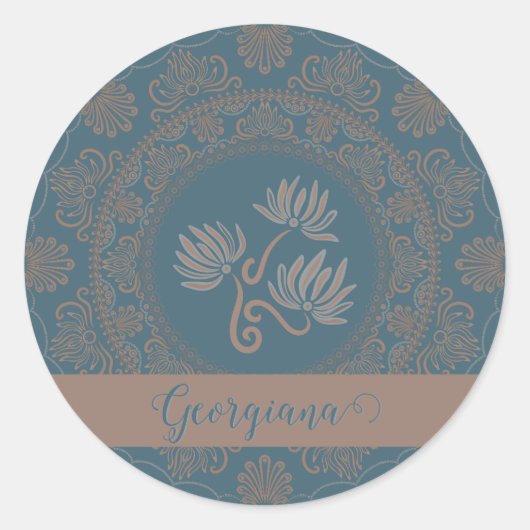 Gepersonaliseerde Gouden Blauwgroen Rococo Lotus D Ronde Sticker (Voorkant)