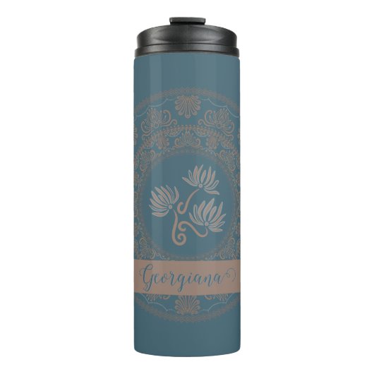 Gepersonaliseerde Gouden Blauwgroen Rococo Lotus D Thermosbeker (Voorkant)