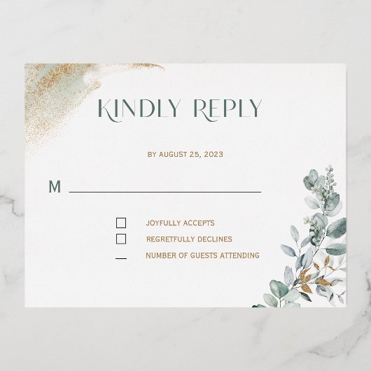 Gepersonaliseerde gouden en groene RSVP-sjabloon Folie Feestdagen Briefkaart (Voorkant)