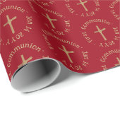 Gepersonaliseerde gouden en rode wijn eerste commu cadeaupapier (Rol Hoek)