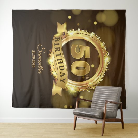 Gepersonaliseerde gouden en zwarte 50ste verjaarda wandkleed (In Situ (horizontaal))