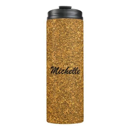 Gepersonaliseerde Gouden Glitter Aangepaste Naam Thermosbeker (Voorkant)