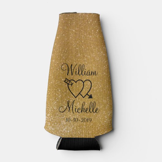 Gepersonaliseerde gouden glitter bruiloft fles koe flesjeskoeler (Voorkant)