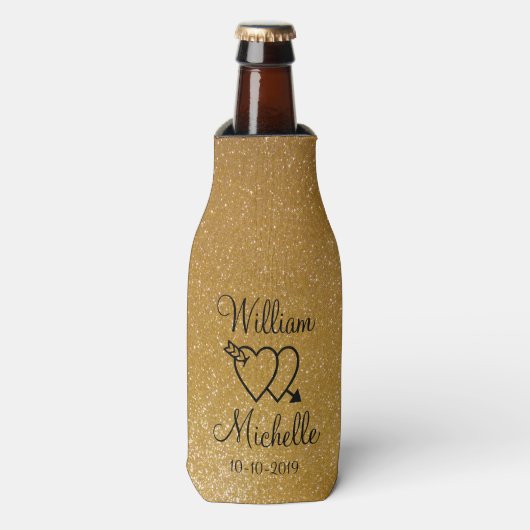 Gepersonaliseerde gouden glitter bruiloft fles koe flesjeskoeler (Fles Voorkant)