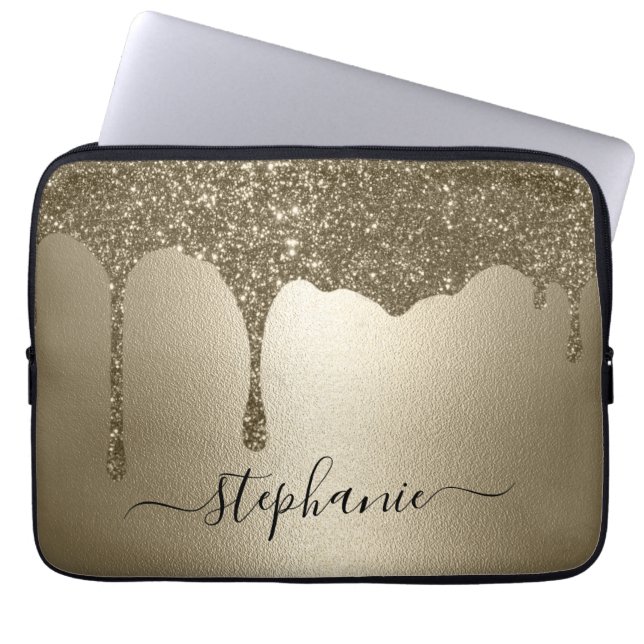 Gepersonaliseerde gouden Glitter Drip Laptop Mouw Sleeve (Voorkant)