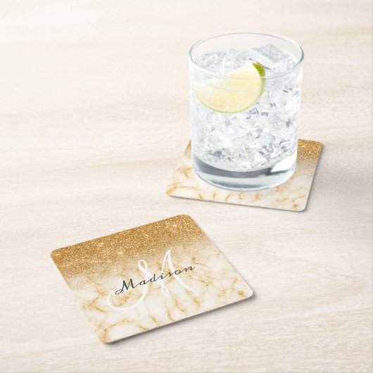 Gepersonaliseerde Gouden Glitter Monogram Marmer Kartonnen Onderzetters (Insitu)
