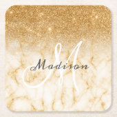 Gepersonaliseerde Gouden Glitter Monogram Marmer Kartonnen Onderzetters (Voorkant)