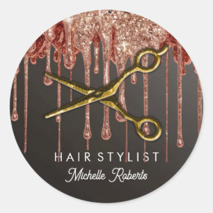 Gepersonaliseerde Gouden Glitter Schaar Haarsalon Ronde Sticker