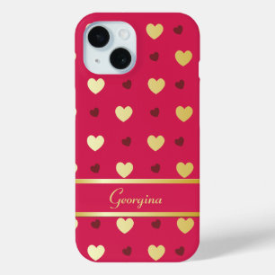 Gepersonaliseerde gouden harten op Cerise iPhone 15 Case