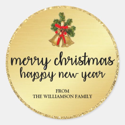 Gepersonaliseerde Gouden Kerstmis Bells Envelop Af Ronde Sticker (Voorkant)