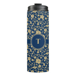 Gepersonaliseerde gouden marine bloemen tumbler thermosbeker