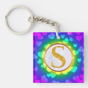 Gepersonaliseerde Gouden Monogram, Regenboog Hart Sleutelhanger