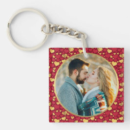 Gepersonaliseerde gouden, rode harten Valentijnsda Sleutelhanger