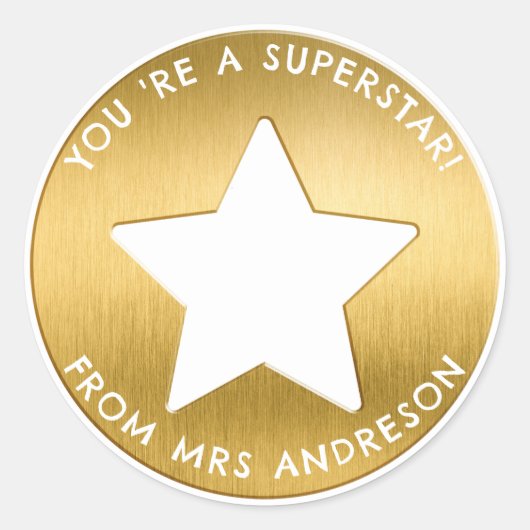 Gepersonaliseerde gouden superster Teacher Reward Ronde Sticker (Voorkant)