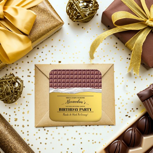 Gepersonaliseerde Gouden Ticket Chocolade Party Fa Vierkante Sticker