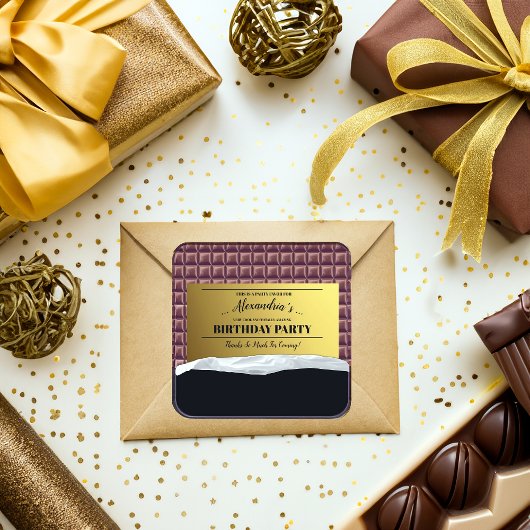 Gepersonaliseerde Gouden Ticket Chocolade Party Fa Vierkante Sticker