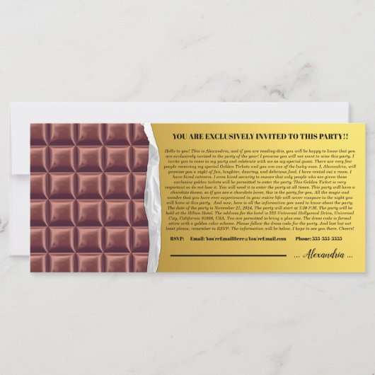 Gepersonaliseerde gouden ticket chocolade uitnodig (Achterkant)