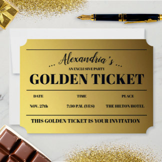 Gepersonaliseerde gouden ticket party uitnodiging