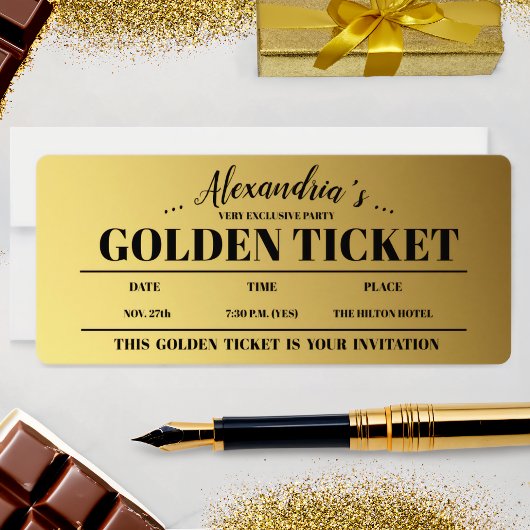 Gepersonaliseerde gouden ticket party uitnodiging