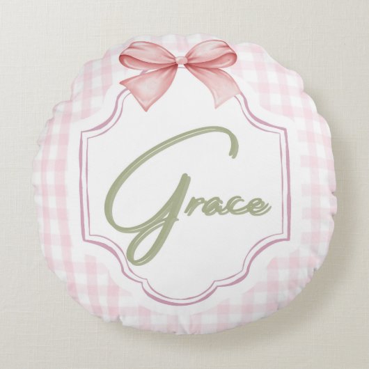 Gepersonaliseerde Grace Baby Girl Nursery Bow & Gi Rond Kussen (Voorkant)