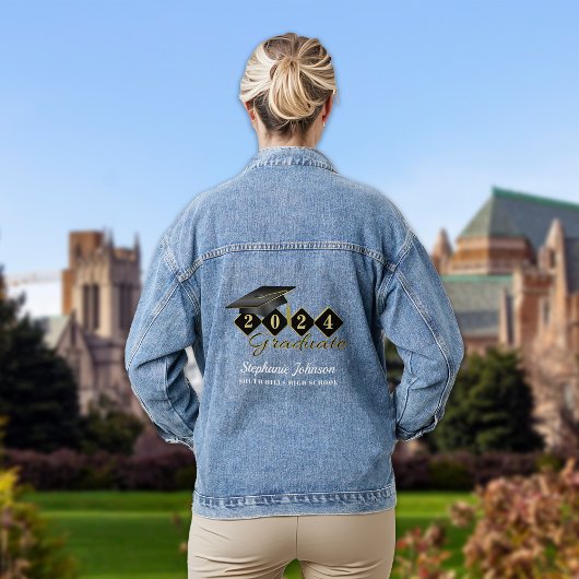 Gepersonaliseerde Graduation Cap Zwart Goud Denim Jacket