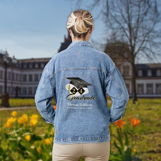 Gepersonaliseerde Graduation Cap Zwart Goud Sterre Denim Jacket