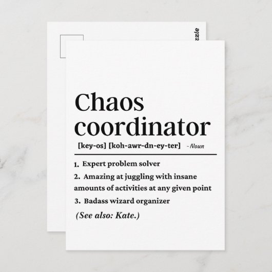 Gepersonaliseerde Grappige Chaos Coördinator Defin Briefkaart (Voorkant / Achterkant)