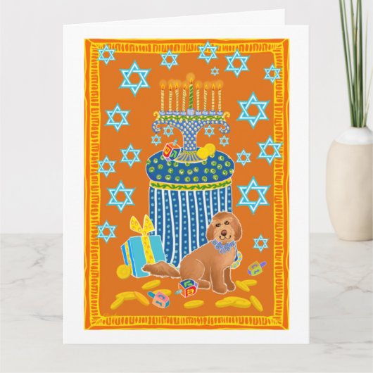 Gepersonaliseerde Grappige Doodle Hond Tan Hanukka Kaart (Voorkant)