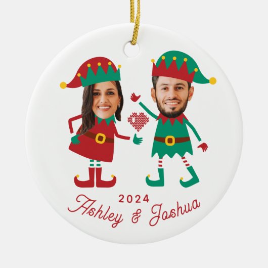 Gepersonaliseerde Grappige Gezichtsfoto Kerst Elf  Keramisch Ornament (Voorkant)