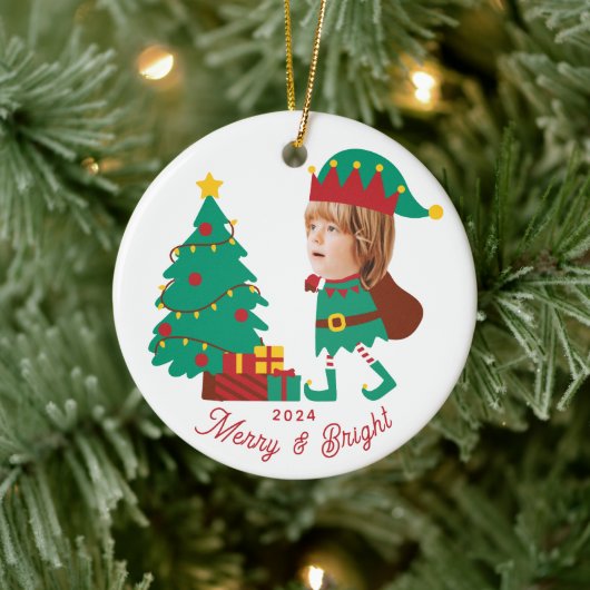 Gepersonaliseerde Grappige Gezichtsfoto Kerst Elf  Keramisch Ornament (Boom)