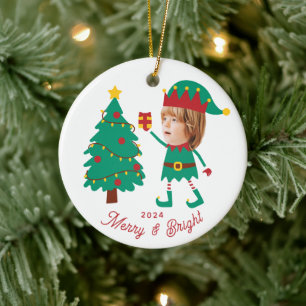 Gepersonaliseerde Grappige Gezichtsfoto Kerst Elf  Keramisch Ornament