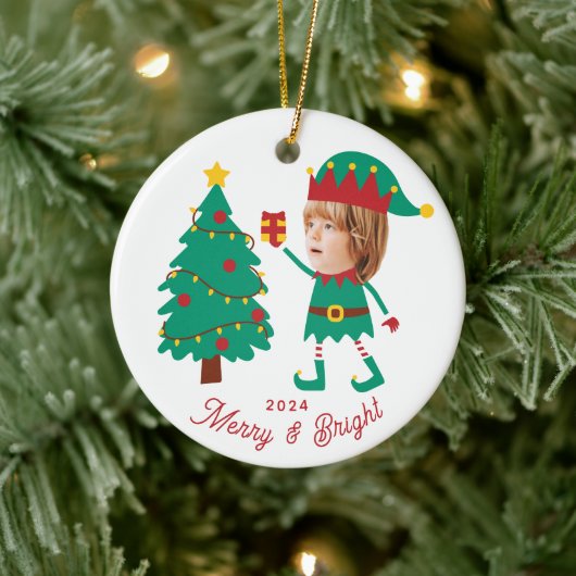 Gepersonaliseerde Grappige Gezichtsfoto Kerst Elf  Keramisch Ornament (Boom)