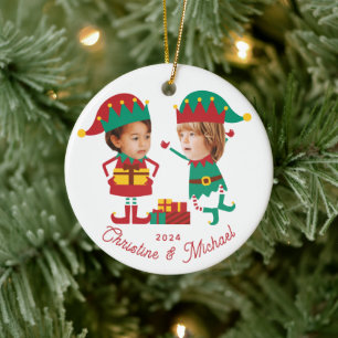 Gepersonaliseerde Grappige Gezichtsfoto Kerst Elf  Keramisch Ornament