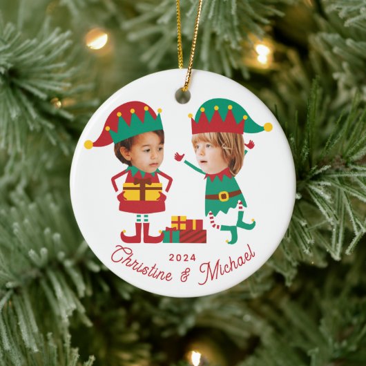 Gepersonaliseerde Grappige Gezichtsfoto Kerst Elf  Keramisch Ornament (Boom)