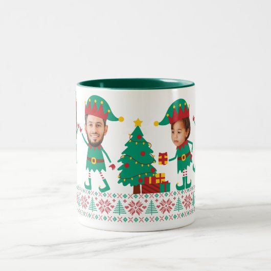 Gepersonaliseerde Grappige Gezichtsfoto Kerst Elf  Tweekleurige Koffiemok (Center)