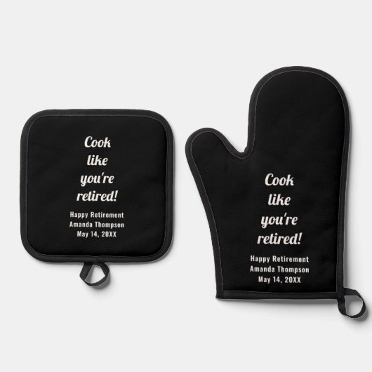 Gepersonaliseerde grappige Happy Retirement Gift Ovenwant & Pannenlap Set (Voorkant)