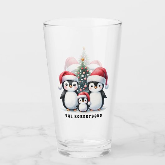 Gepersonaliseerde Grappige Pinguïns Familie Kerstm Glas (Voorkant)