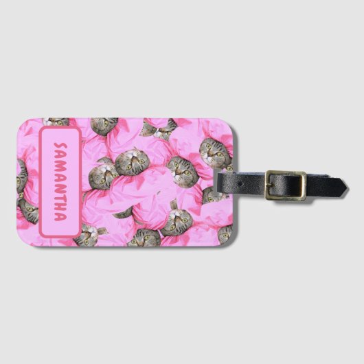 Gepersonaliseerde grappige roze kat bagagelabel (Voorkant (horizontaal))