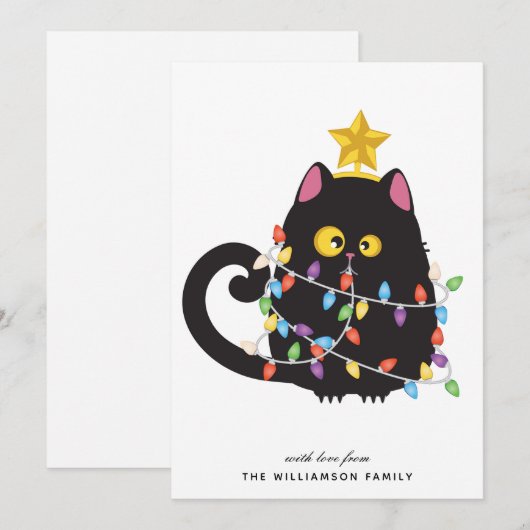 Gepersonaliseerde Grappige Zwarte Kat Vrolijke Ker Feestdagenkaart (Voorkant / Achterkant)