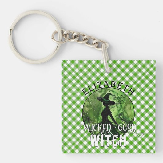Gepersonaliseerde Green Gingham Wicked Good Witch Sleutelhanger (voorkant)