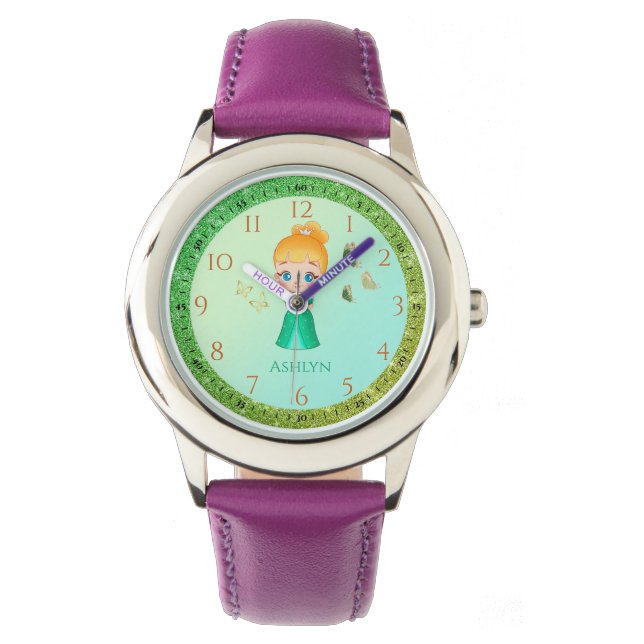 Gepersonaliseerde Green Glitter Princess Learning Horloge (Voorkant)