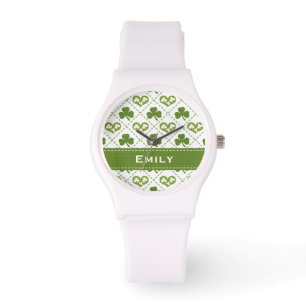 Gepersonaliseerde Green Shamrock en Hearts Horloge