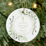 Gepersonaliseerde Greenery Gold Boy of Girl Baptis Keramisch Ornament<br><div class="desc">Met delicate waterverf bladeren en een elegant goudkruisbeeld,  kan deze chic boy of girl baptisme of het christenen keepomwille ornament gepersonaliseerd worden met je speciale voorvallen informatie. Ontworpen door: Thisnotme©</div>