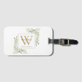 Gepersonaliseerde Greenery Gold Monogram Modern Bagagelabel (Voorkant (horizontaal))