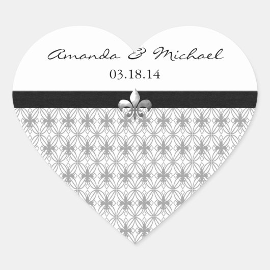 Gepersonaliseerde Grey Fleur de Lis Heart Stickers (Voorkant)