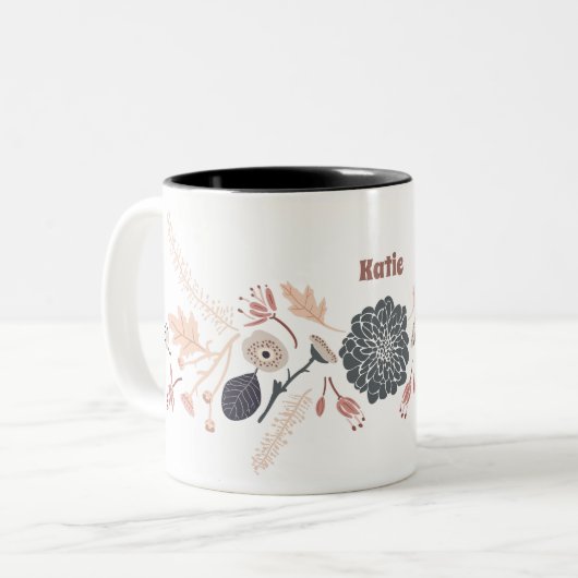 Gepersonaliseerde Grijs Blauw Perzik Bloemen met N Tweekleurige Koffiemok (Voorkant links)