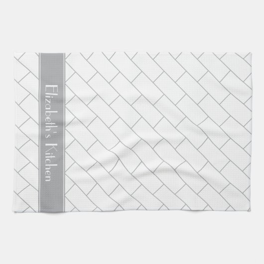 Gepersonaliseerde Grijs Wit Subway Tegel Brick Theedoek (Horizontaal)