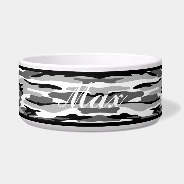 Gepersonaliseerde Grijs & Zwart Camouflage Pet Bow Voerbakje (Voorkant)