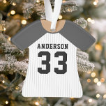 Gepersonaliseerde Grijze Baseball Jersey Ornament<br><div class="desc">Vier je honkbalster met dit gepersonaliseerde grijs-witte streepjersey ornament. Perfect voor het herdenken van een speciaal seizoen,  speler of team. Pas het aan met een naam en nummer om een unieke aandenken te creëer.</div>